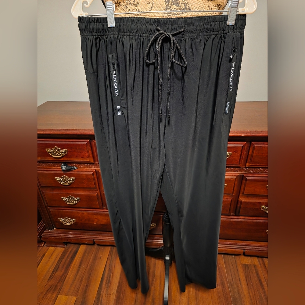 Black "Stretchactive" Polyester Fabric Slacks With Elastic Band Pull Up Waist